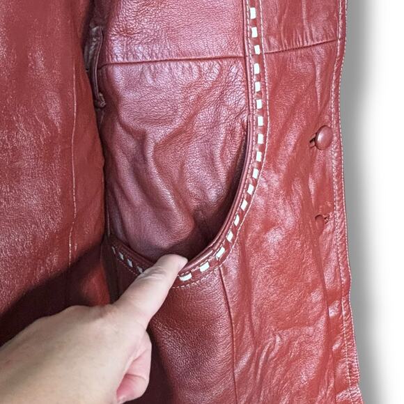 Vintage 70s Burgundy Leather Longline Trench Coat White Whipstitch Western Ranch - Picture 8 of 16